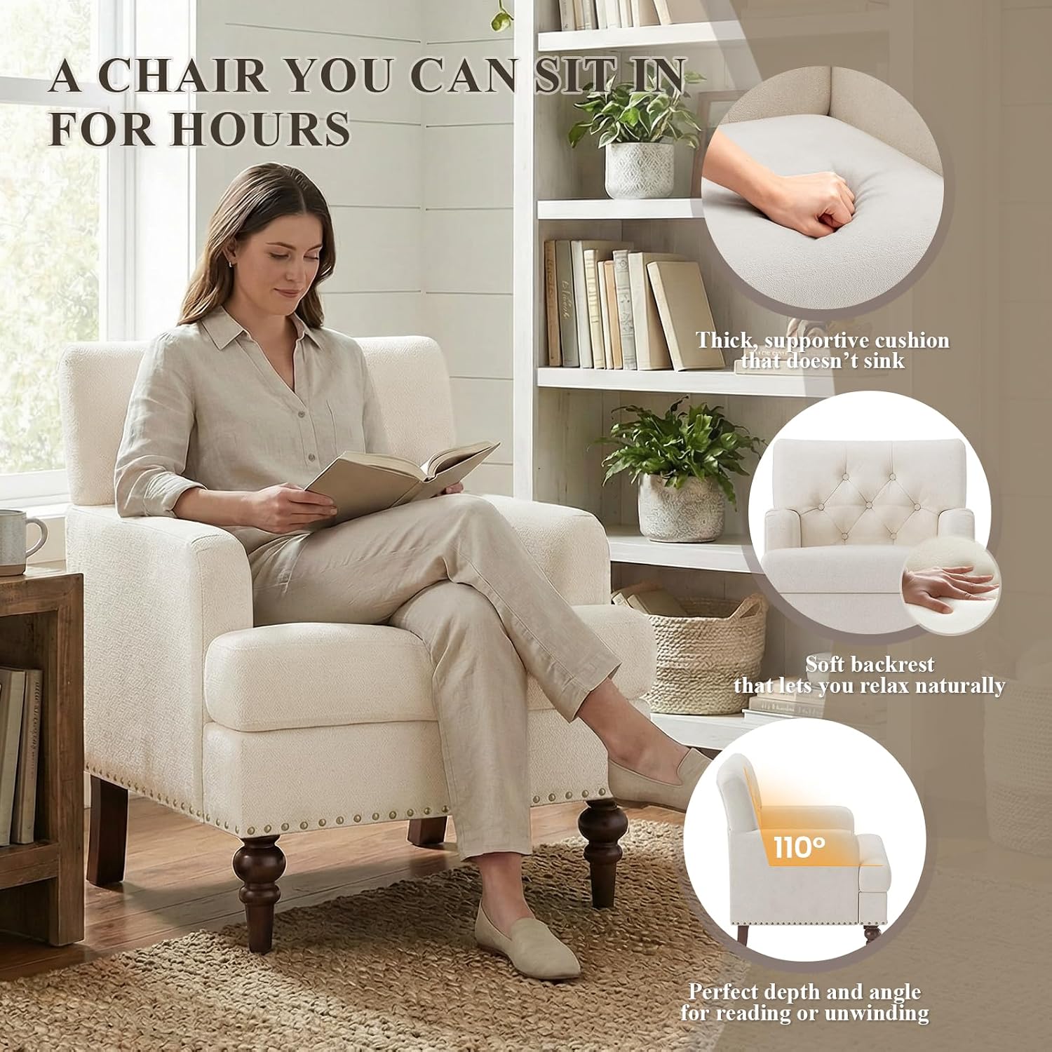 MALOL Upholstered Accent Chair, Comfy Reading Chair for Living Room, Mid Century Modern Armchair with Thick Cushion & Solid Rubberwood Legs, for Bedroom/Small Spaces, Beige