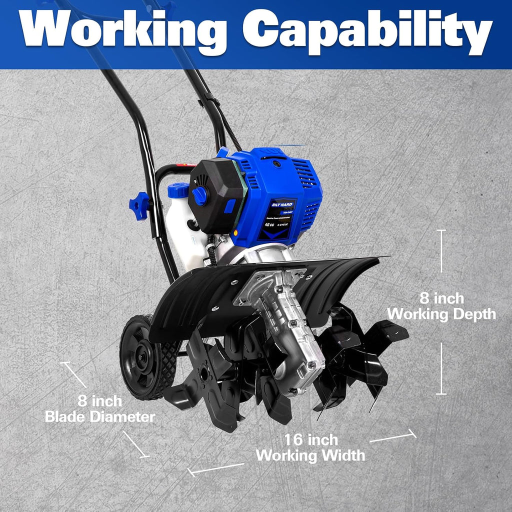 BILT HARD 46cc 4-Cycle 1.9HP Gas Powered Tiller Cultivator - 16' Heavy-Duty Steel Tines Rototiller, Adjustable Wheels & Cushioned Handle Grips for Plowing, Tilling, Weeding in Garden, Farm