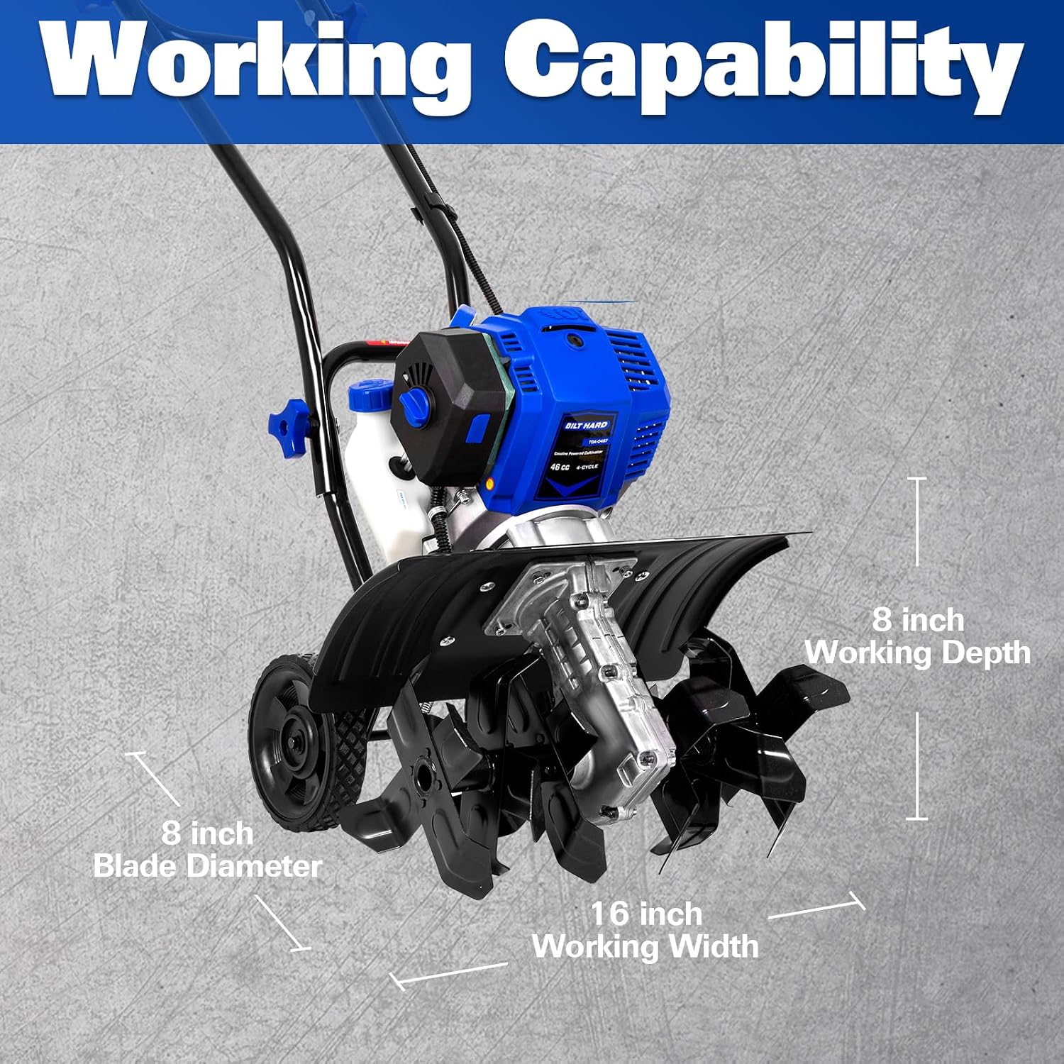 BILT HARD 46cc 4-Cycle 1.9HP Gas Powered Tiller Cultivator - 16' Heavy-Duty Steel Tines Rototiller, Adjustable Wheels & Cushioned Handle Grips for Plowing, Tilling, Weeding in Garden, Farm