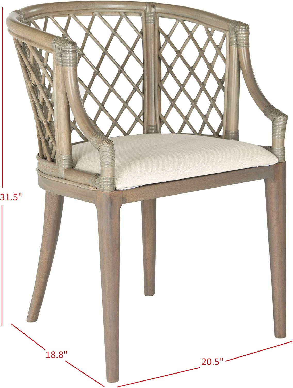 SAFAVIEH Furniture - Carlotta Rattan Arm Chair - Greige & White - Solid Wood - Coastal Open-Arm Design - Ideal for Living Room, Sunroom, Bedroom (SEA4013A)