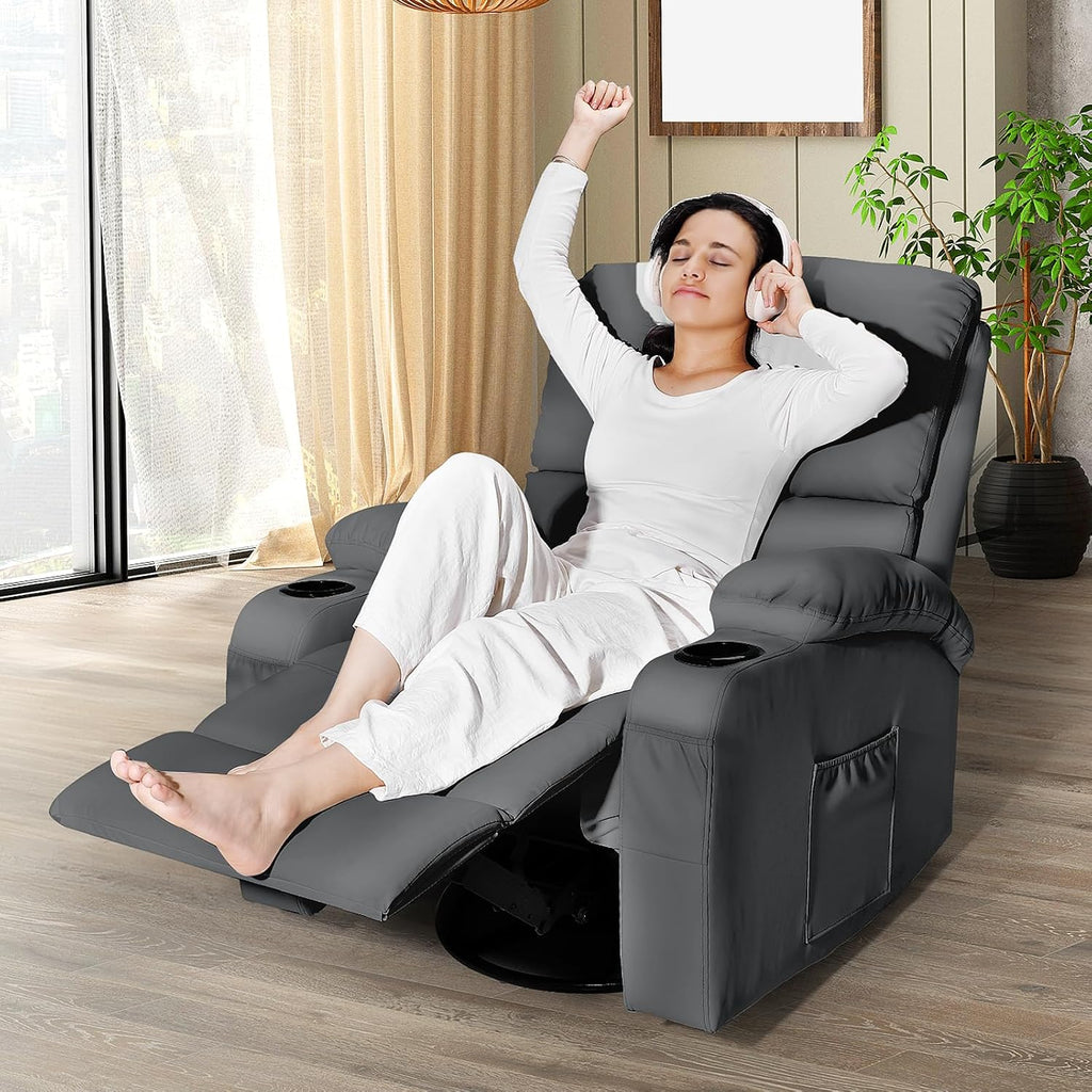 LEVELEVE Rocking Recliner Chair, Massage Rocker Recliner Chair with Vibration Massage and Heat, 360° Swivel Faux Leather Chairs, Living Room, Bedroom, Nursery, RV, Dark Grey