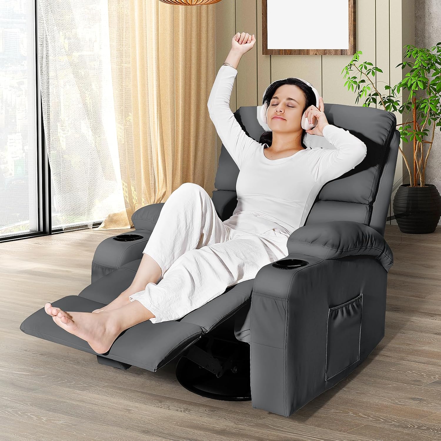 LEVELEVE Rocking Recliner Chair, Massage Rocker Recliner Chair with Vibration Massage and Heat, 360° Swivel Faux Leather Chairs, Living Room, Bedroom, Nursery, RV, Dark Grey