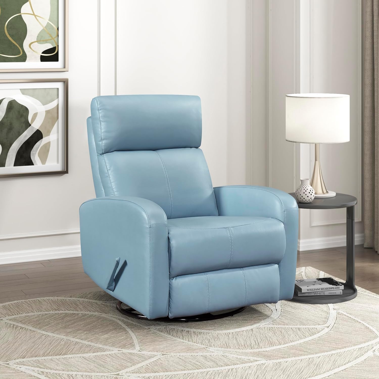Lexicon Swivel Glider Reclining Chair, Top Grain Leather Match Manual Pull Handle Recliner, Comfy Nursery Glider Recliner, Swivel Reclining Chair for Living Room/Office/Bedroom/Apartment, Blue