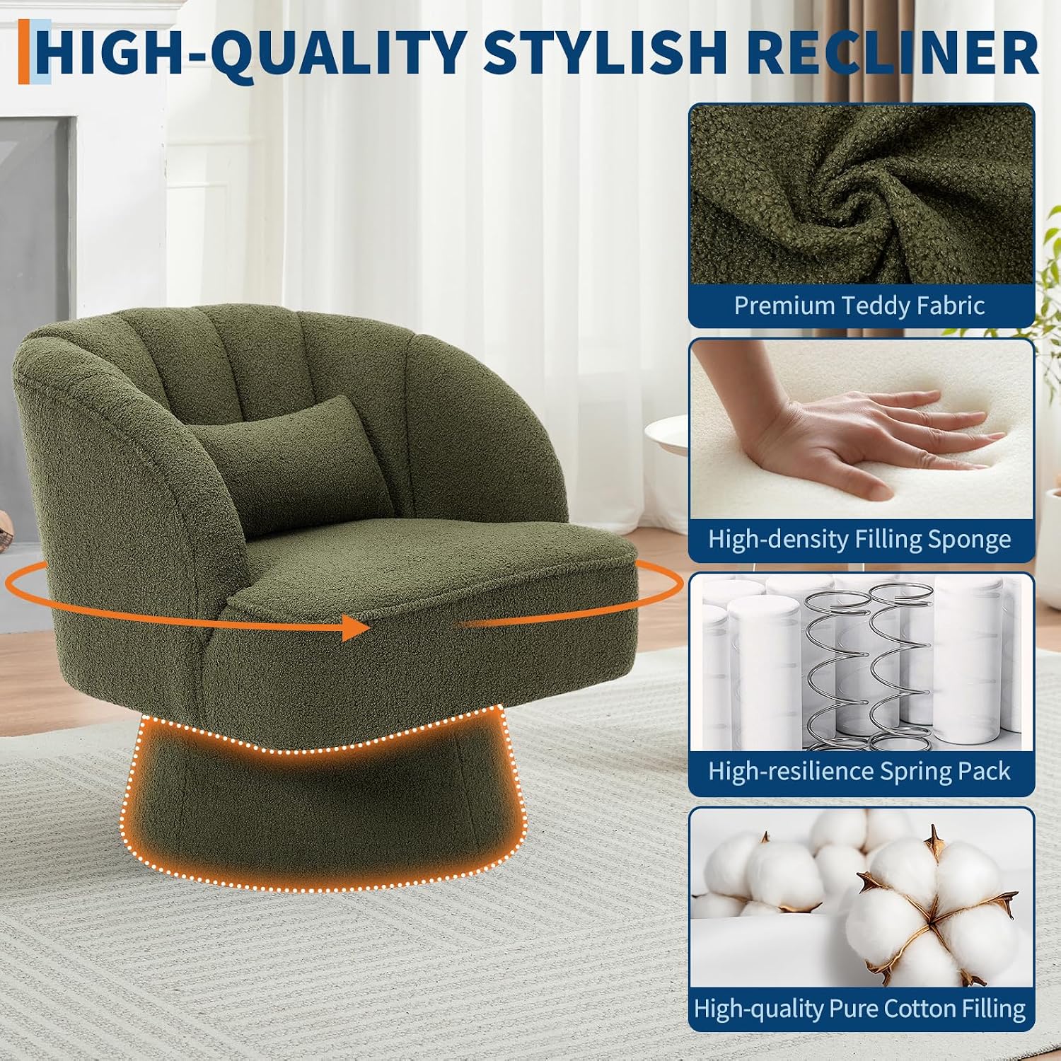 GarveeHome Modern Swivel Barrel Accent Chair, 360° Teddy Fabric Upholstered Armchair with Striped Backrest & Plush Padding, Comfy Round Lounge Chair for Living Room, Bedroom, Reading Nook, Green