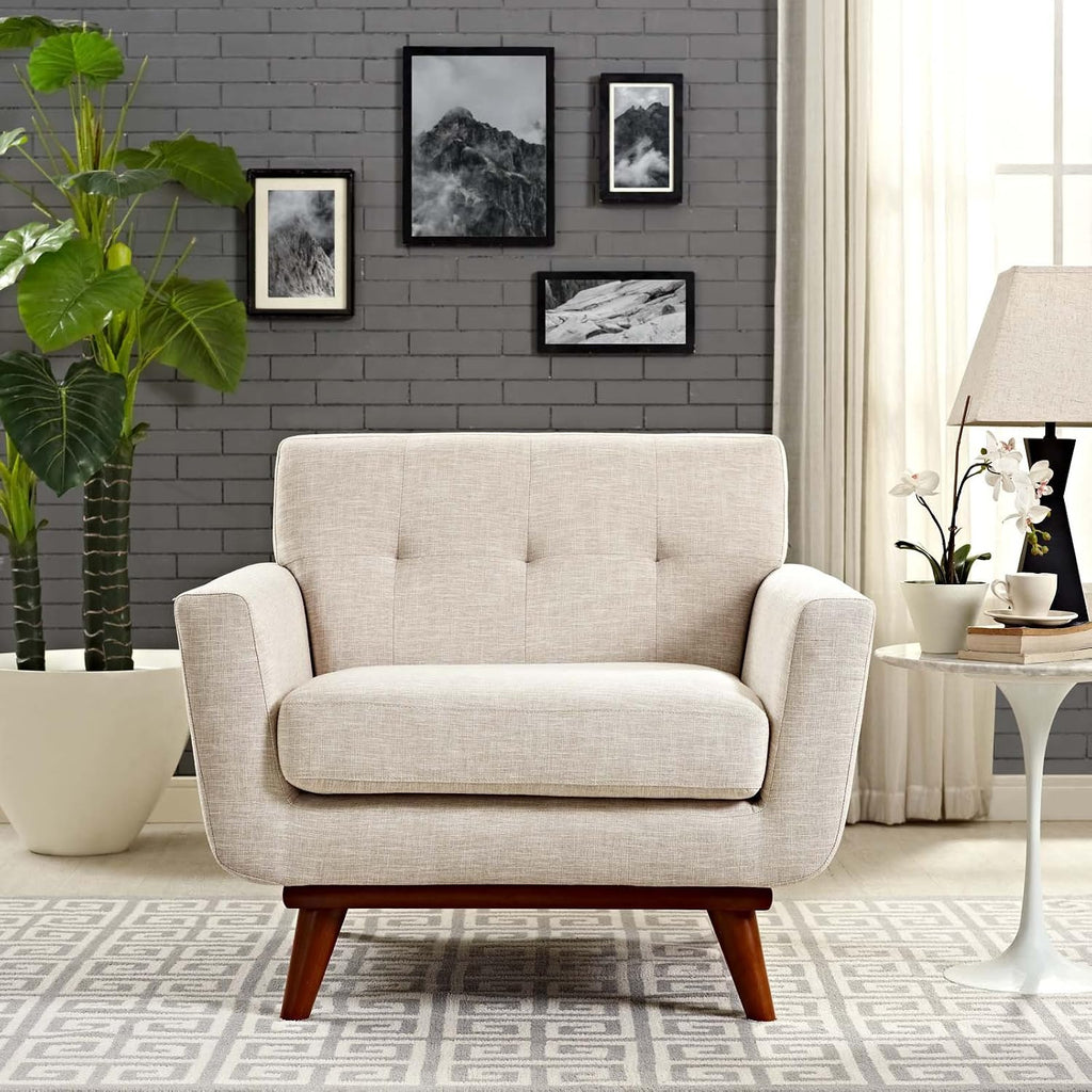 Modway Engage Mid-Century Modern Upholstered Fabric Accent Arm Lounge Chair in Beige, Armchair