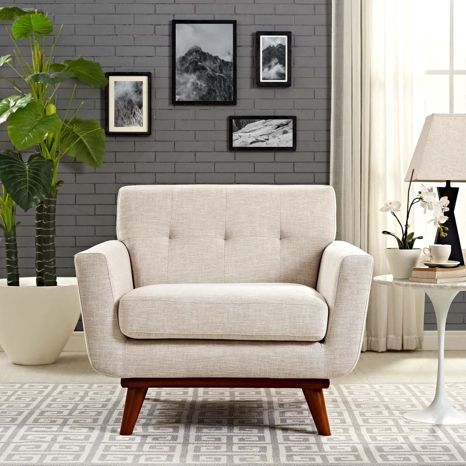 Modway Engage Mid-Century Modern Upholstered Fabric Accent Arm Lounge Chair in Beige, Armchair