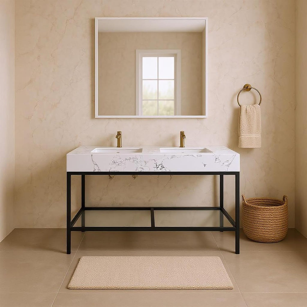 Meridian Furniture 407White-60 Marmo Collection Modern | Contemporary Bathroom Vanity with White Engineered Stone with Grey Veining, Matte Black Metal Base, 60' W x 23' D x 34' H, White