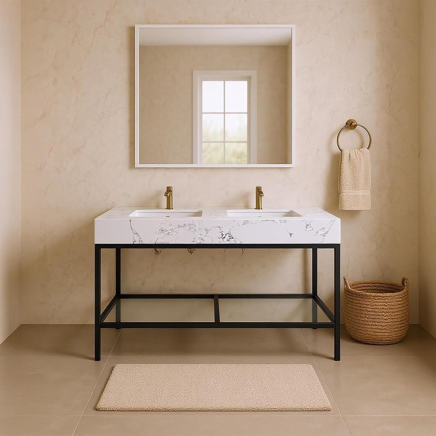 Meridian Furniture 407White-60 Marmo Collection Modern | Contemporary Bathroom Vanity with White Engineered Stone with Grey Veining, Matte Black Metal Base, 60' W x 23' D x 34' H, White