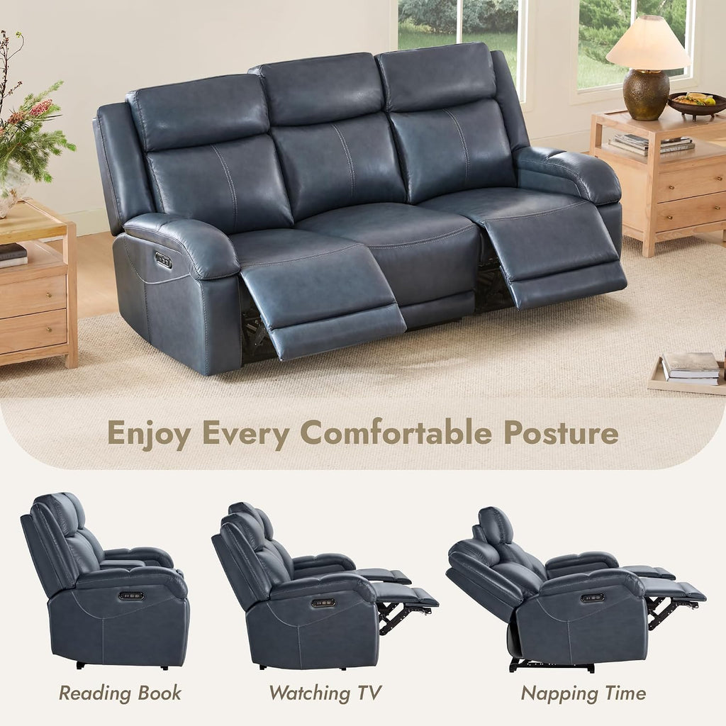 Watson & Whitely Genuine Leather Power Recliner Sofa, 3 Seater Wall Hugger Reclining Sofas with Power Headrest, USB & TypeC Ports, Electric Recliner Couch Set for Living Room, Navy