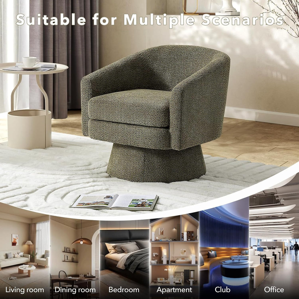 360° Swivel Barrel Accent Chair, Modern Chenille Upholstered Armchair with Curved Back, Soft Cushion & Arms, Wooden Frame, Storage Pocket, Comfy Reading Lounge Chair for Living Room, Bedroom, Office