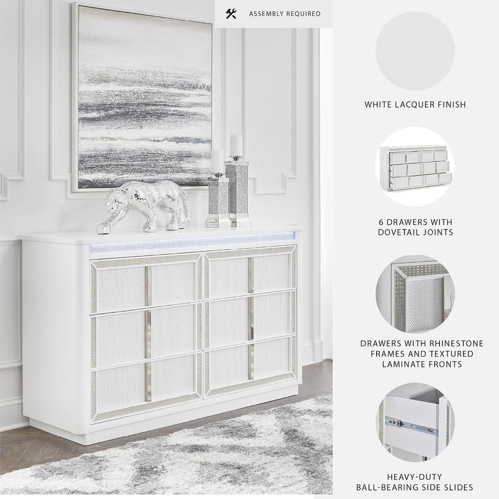 Signature Design by Ashley Chalanna Contemporary Dresser with 6 Drawers, Built-in LED Lighting, Rhinestone Details, Wood, White, 64' W x 20' D x 38.75' H