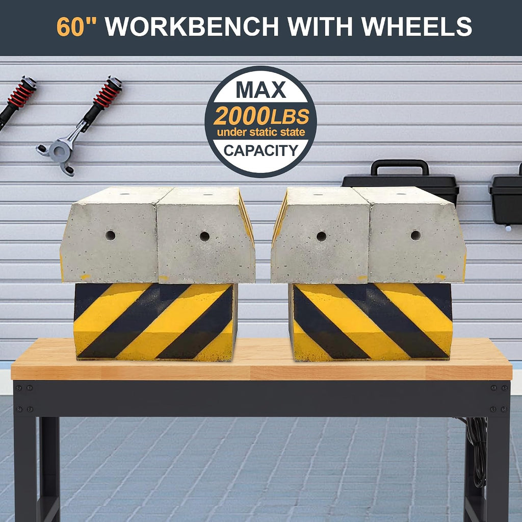 HABUTWAY Height Adjustable Workbench with Wheels 60' 2000 Lbs Capacity Solid Wood Work Station Heavy-Duty Rolling Work Tables for Garage Party Shop Office