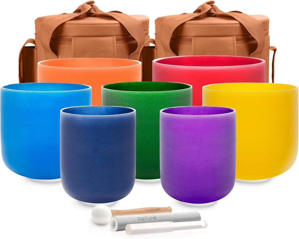 TOPFUND 432 Hz Chakra Set of 7 Color Crystal Singing Bowls 6-10 inch with Heavy Duty Carrying Cases and Singing Bowl Mallets