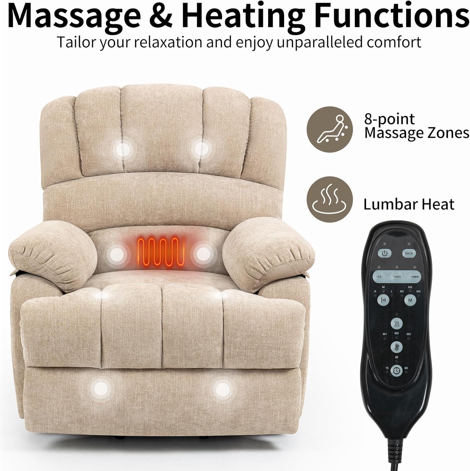 Power Recliner with Vibration Massage & Lumbar Heat, Electric Lift Chairs for Elderly, High Back Reclining Max 155 Degree with Charging Ports, Chenille Fabric Beige