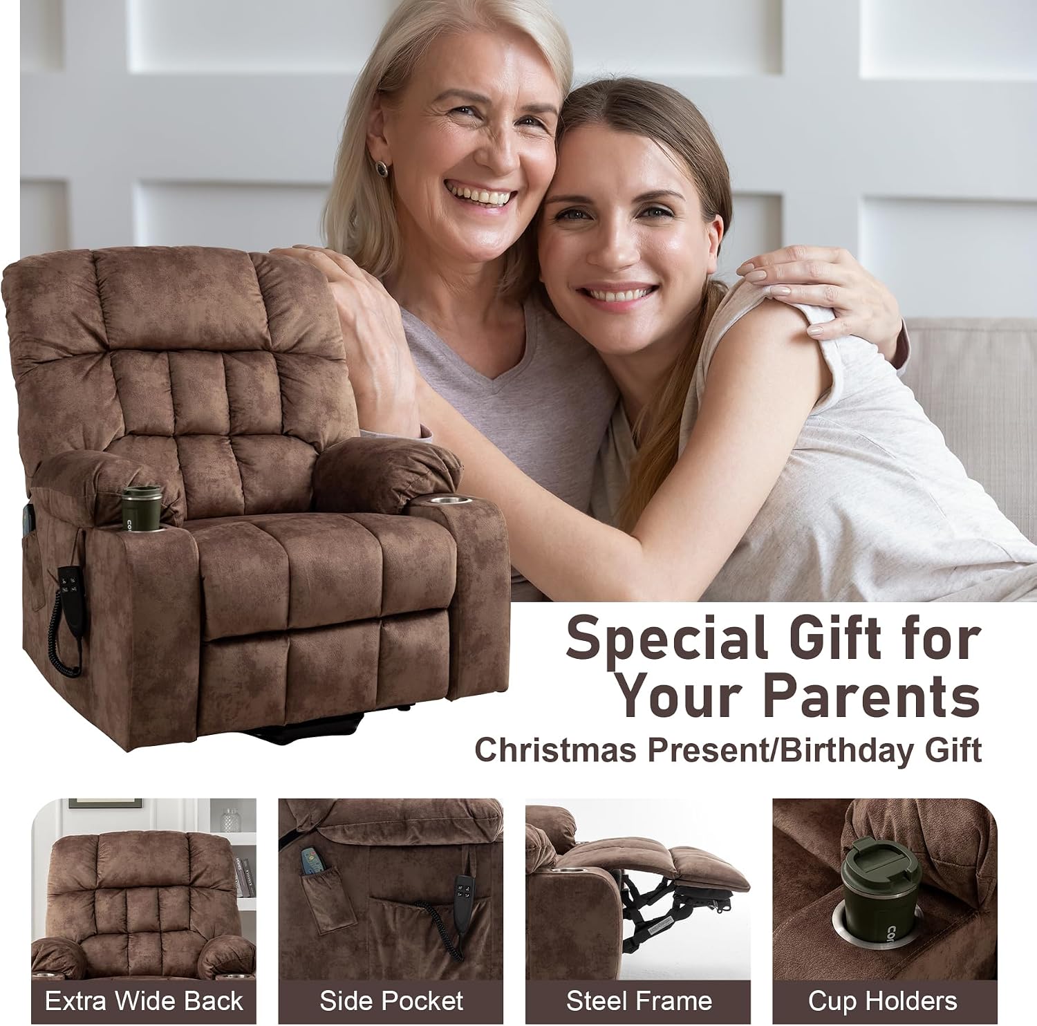 Oversized Power Recliner Chair for Big and Tall 400 LBS, 25.5' Extra Wide Electric Lift Chair with Heat and Massage, Dual Motor 180° Lay Flat Recliner Living Room Sofa, Velvet Big Lift Recliner