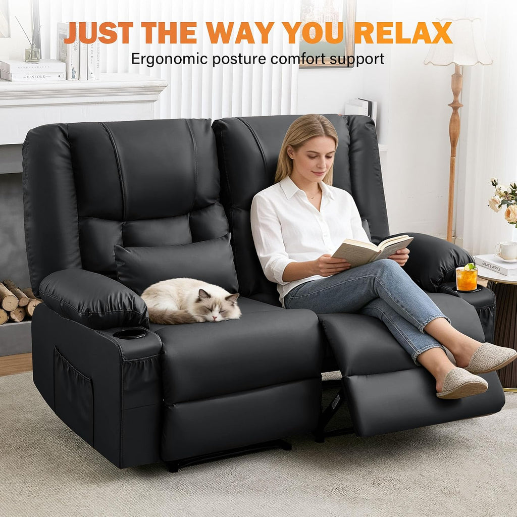 Black Leather Loveseat Recliner with Massage/Heat, Oversized Recliner Couch & Reclining Loveseat with Cup Holders/Pillow, Manual Reclining Sofa For Living Room/Rv/Home Theater Seating (Black)