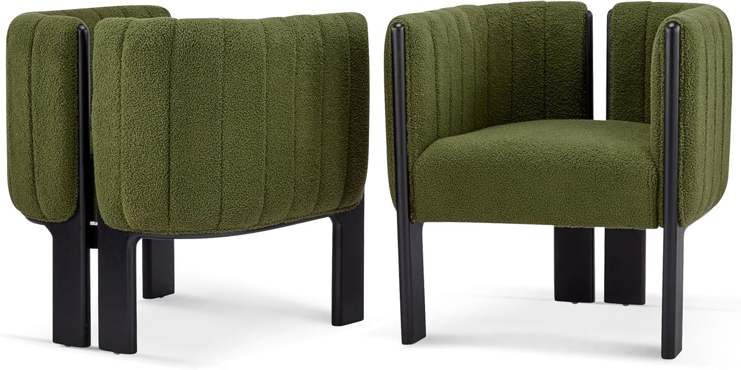 Christopher Knight Home Yusi Boucle Upholstered Dining Chairs Set of 2, Modern Wooden Dining Armchair, Curved Backrest Kitchen Side Chair, Living Room Accent Chair for Extra Seat, Black + Olive Green
