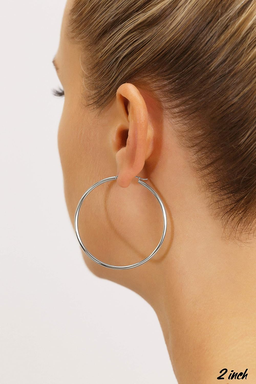 Classic 10K White Gold Hoop Earrings - Shiny Polished Plain Round Gold Hoops for Women and Men