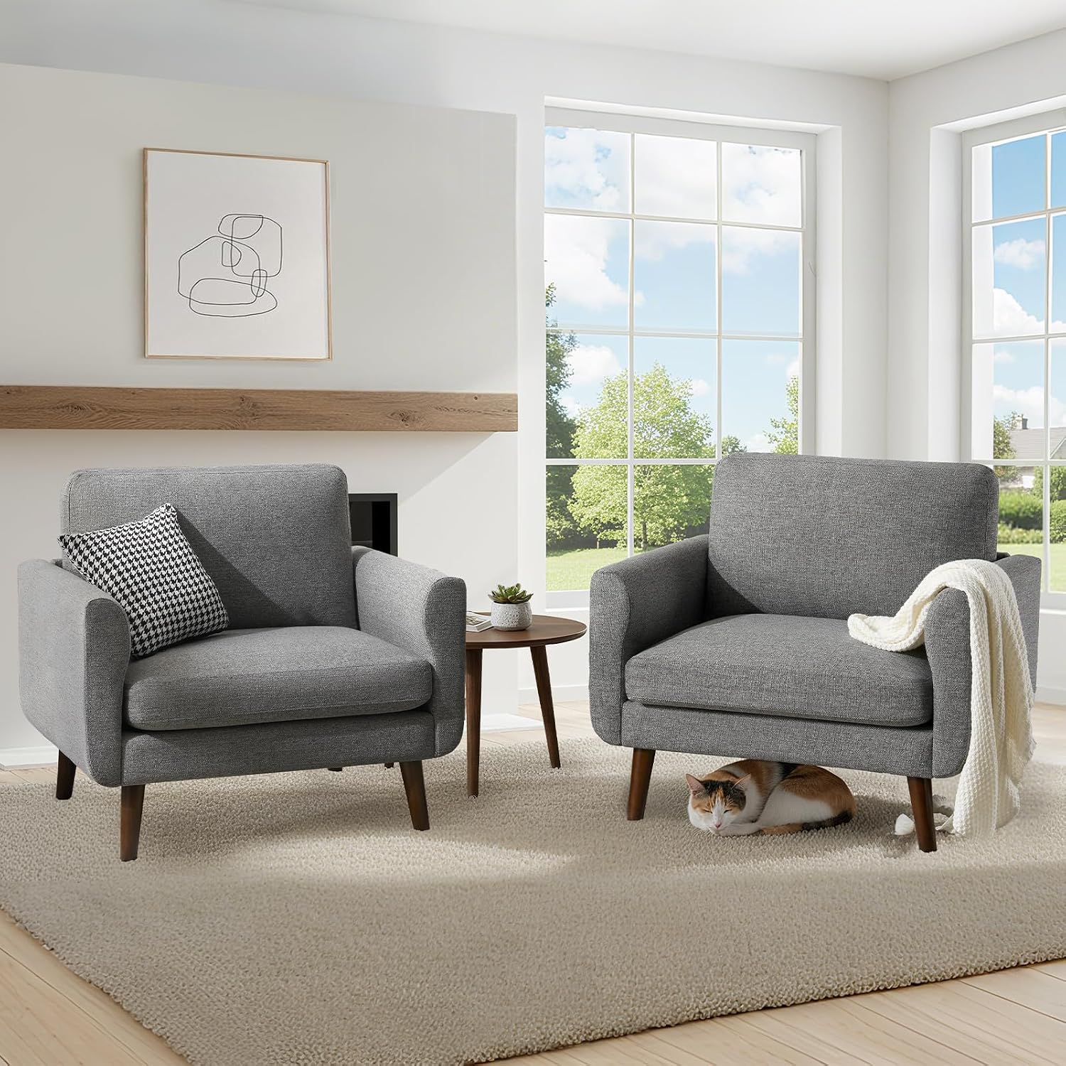 Oversized Accent Chair for Living Room, 37' Mid-Century Modern Comfy Reading Chair, Linen Fabric Solid Wood Frame Armchair, Upholstered Grey Bedroom Accent Chairs Set of 2 for Adults