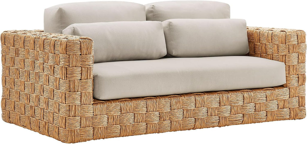 Modway Thames Wicker Rattan Outdoor Loveseat in Natural Light Gray - UV-Resistant Patio Furniture 2-Seater Basket-Weave Sofa Couch - Deep Seat Patio Cushions with 2 Throw Pillows for Backyard, Deck