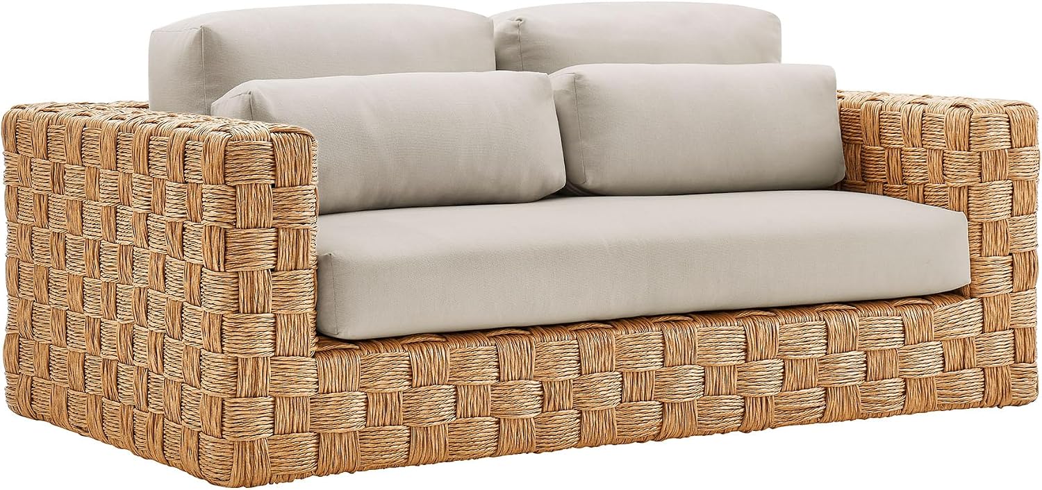 Modway Thames Wicker Rattan Outdoor Loveseat in Natural Light Gray - UV-Resistant Patio Furniture 2-Seater Basket-Weave Sofa Couch - Deep Seat Patio Cushions with 2 Throw Pillows for Backyard, Deck