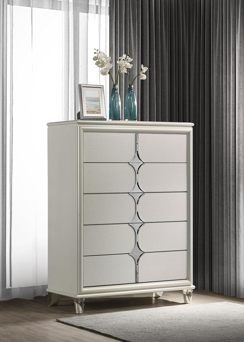 Coaster Home Furnishings Olivia Contemporary Wood 5-Drawer Bedroom Chest of Drawers Chiffonier Clothing Storage Cabinet Bedroom Armoire Tall Dresser Organizer Unit White 224955