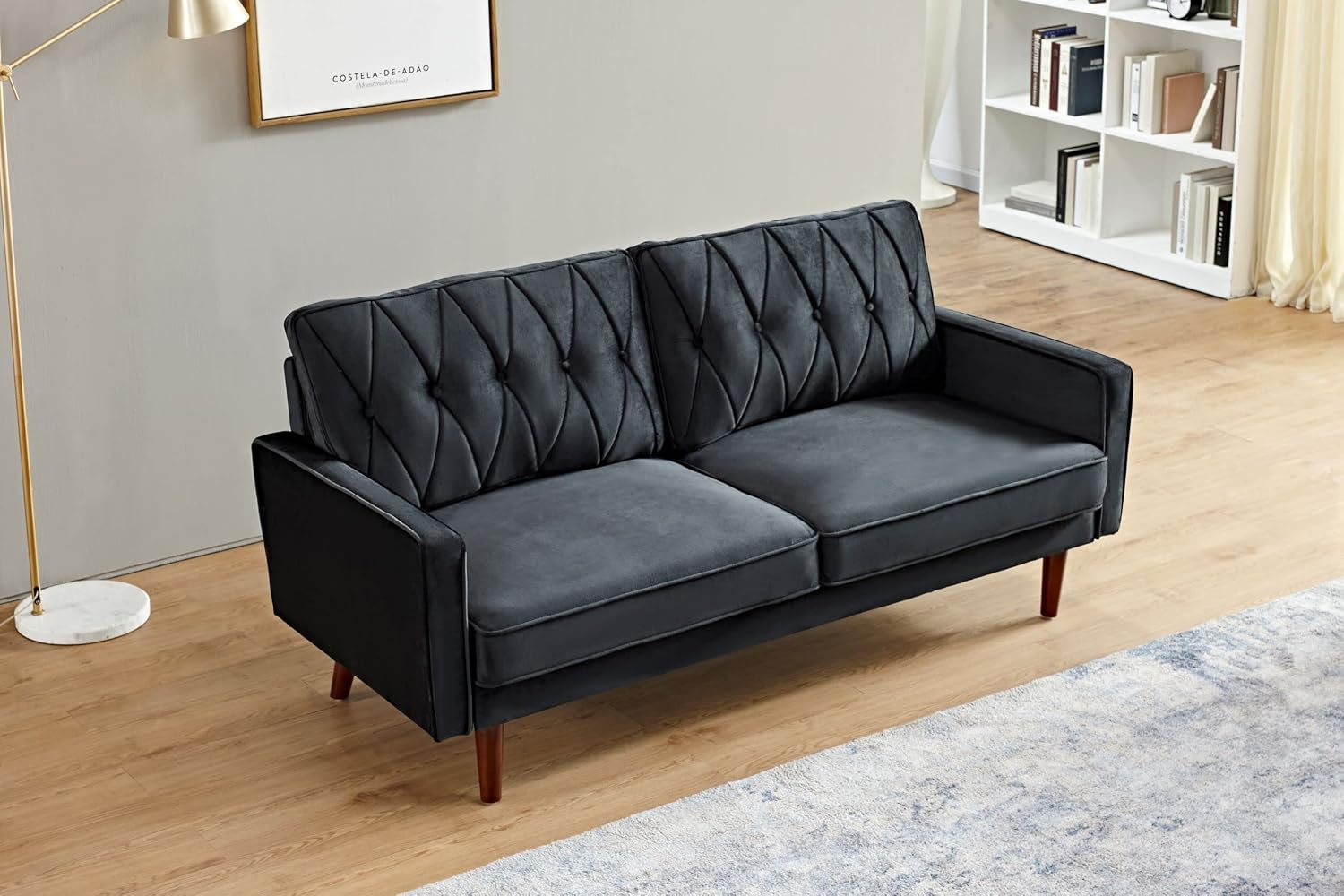 Container Furniture Modern Style Tufted Velvet Couches for Living Room with Soft Fabric Upholstery and Solid Wood Frame, 2 Piece Sofa and Loveseat Set, Black