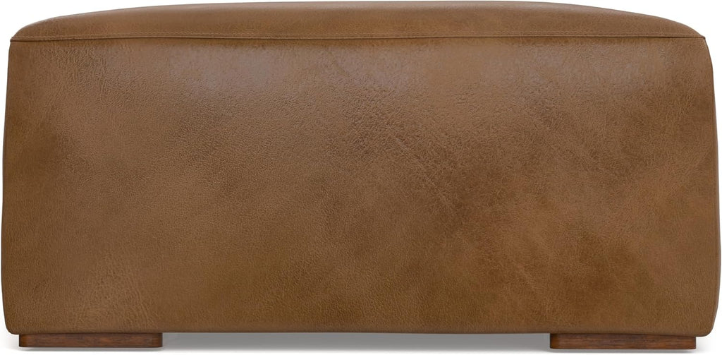 SIMPLIHOME Rex Ottoman - 34 inch Wide Upholstered Genuine Leather Square Ottoman in Caramel Brown, Modern Bench for Living Room or Bedroom with High-Density Cushion, Assembled