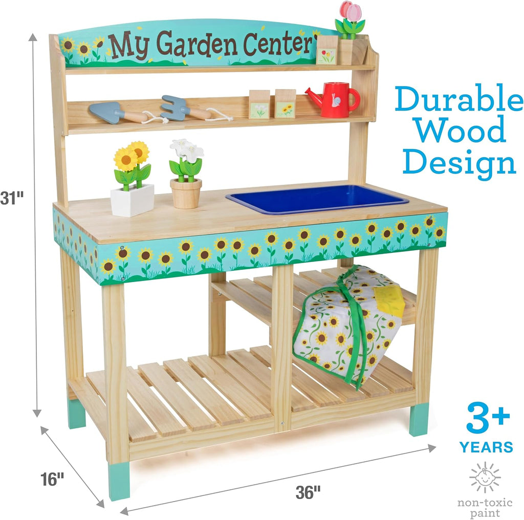 Bloom & Grow Gardening Center Wooden Toy Indoor Playset- 22 Pc Garden Stand Set w Flowers, Seed Packet, Pots Shovel Rake Apron Watering Pot- Interactive Fun Pretend Playtime Activity, Kids Summer Gift