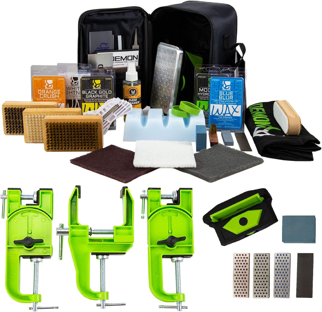 Demon Charger Ski and Snowboard Tuning Kit w/Iron, Premier Wax Package, Brush Kit, Base Cleaner, Apron & Elite X Ski & Snowboard Edge Tuner w/Side Edge Multi-Tool w/ 3 Diamond Files (with 3 Pc Vise)