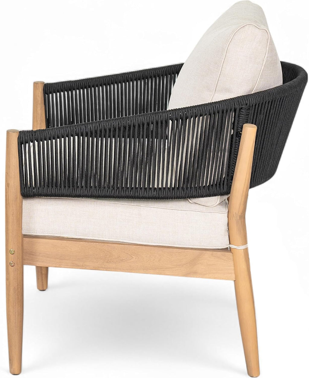 Christopher Knight Home Naomi Set of 2 Patio Acacia Wood Club Chair with Cushions, Handwoven Rope Lounge Chair Outdoor for Porch/Backyard, Stylish Garden Seating with Curved Backrest, Beige + Black