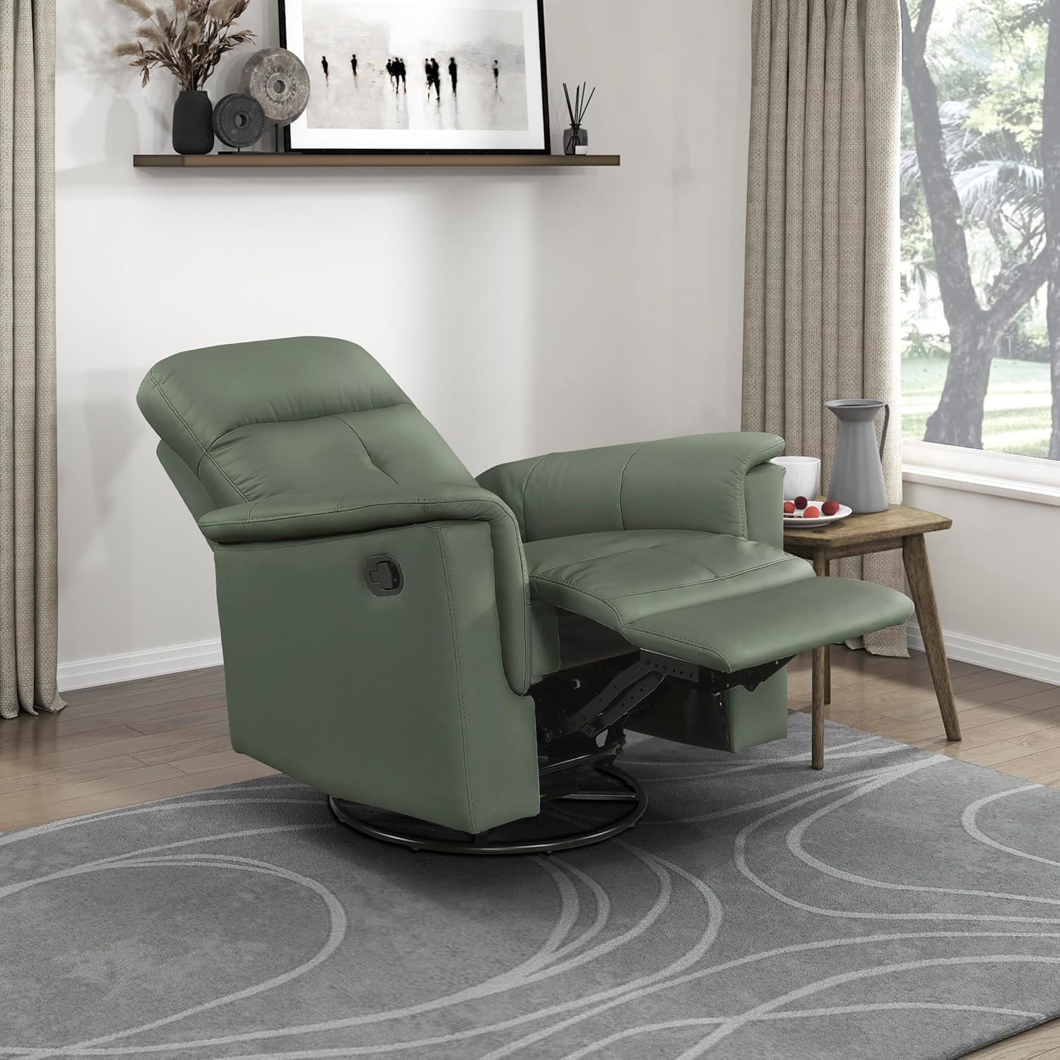 Lexicon Swivel Glider Recliner Chair, Comfy Nursery Glider, Top Grain Leather Match Recliner, Manual Reclining Chair for Living Room/Office/Apartment, Green