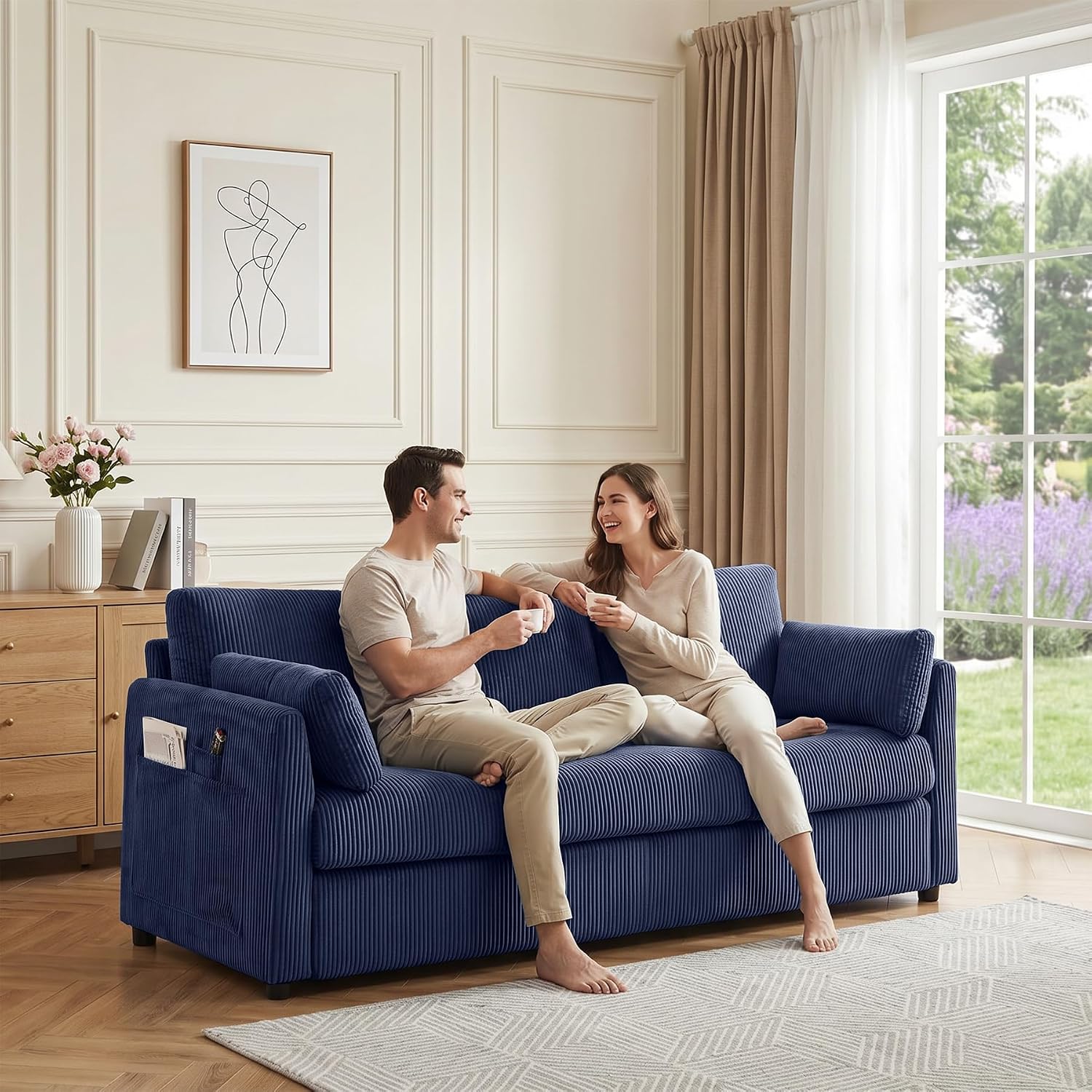3 Seater Couches for Living Room, 79' Modern Corduroy Sofa with 2 Pillows and Storage Pockets, Small Comfy Couches for Apartment, Small Spaces, Bedroom, Office, Navy Blue