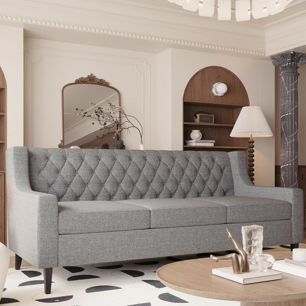 GDFStudio 78.75' 3-Seater Sofa, Button Tufted Backrest Big Comfy Couch with Plush Cushions, Mid Century Modern Couches Home Living Room Sofa, Upholstered Sofas & Couches for Apartment Bedroom, Grey