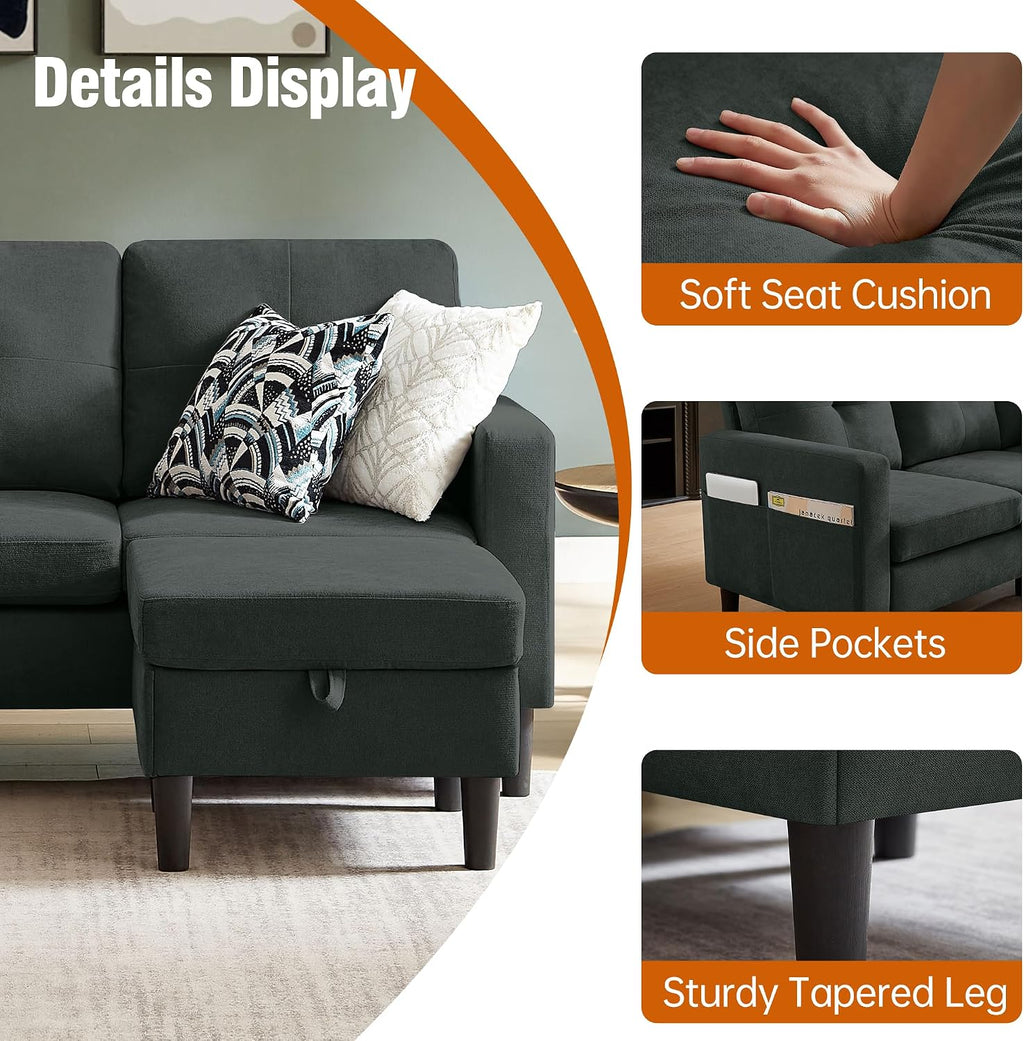 Sectional Sofa Couches for Living Room, L Shaped Couch 3-Seat Convertible Sectional Sofas with Removable Storage Ottoman, Modern Polyester Fabric (Black)