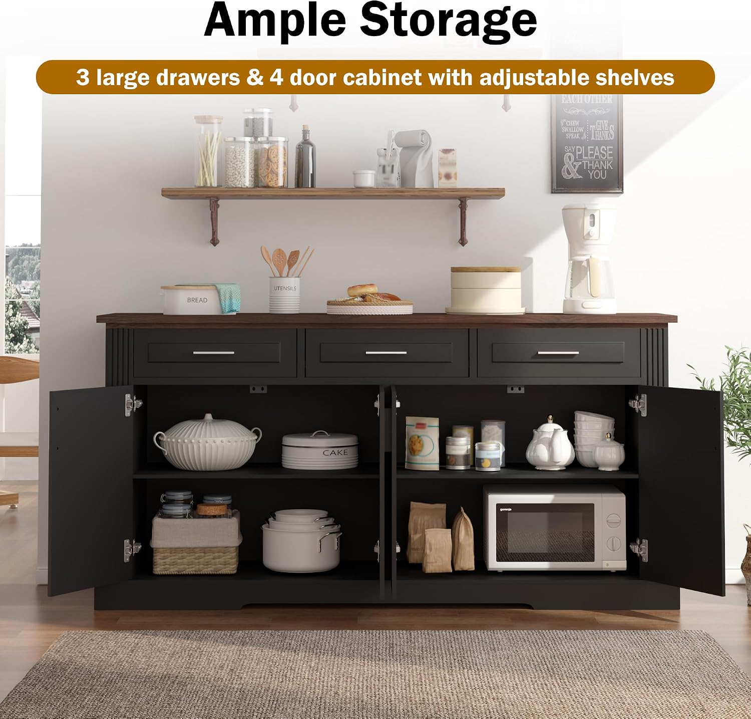 RiteSune Buffet Cabinet with Storage, 63' Modern Farmhouse Coffee Bar Cabinets with 3 Drawers and 4 Doors, Black Sideboard Buffet Cabinet, Wood Buffet Storage Table for Kitchen, Dining Room (Black)