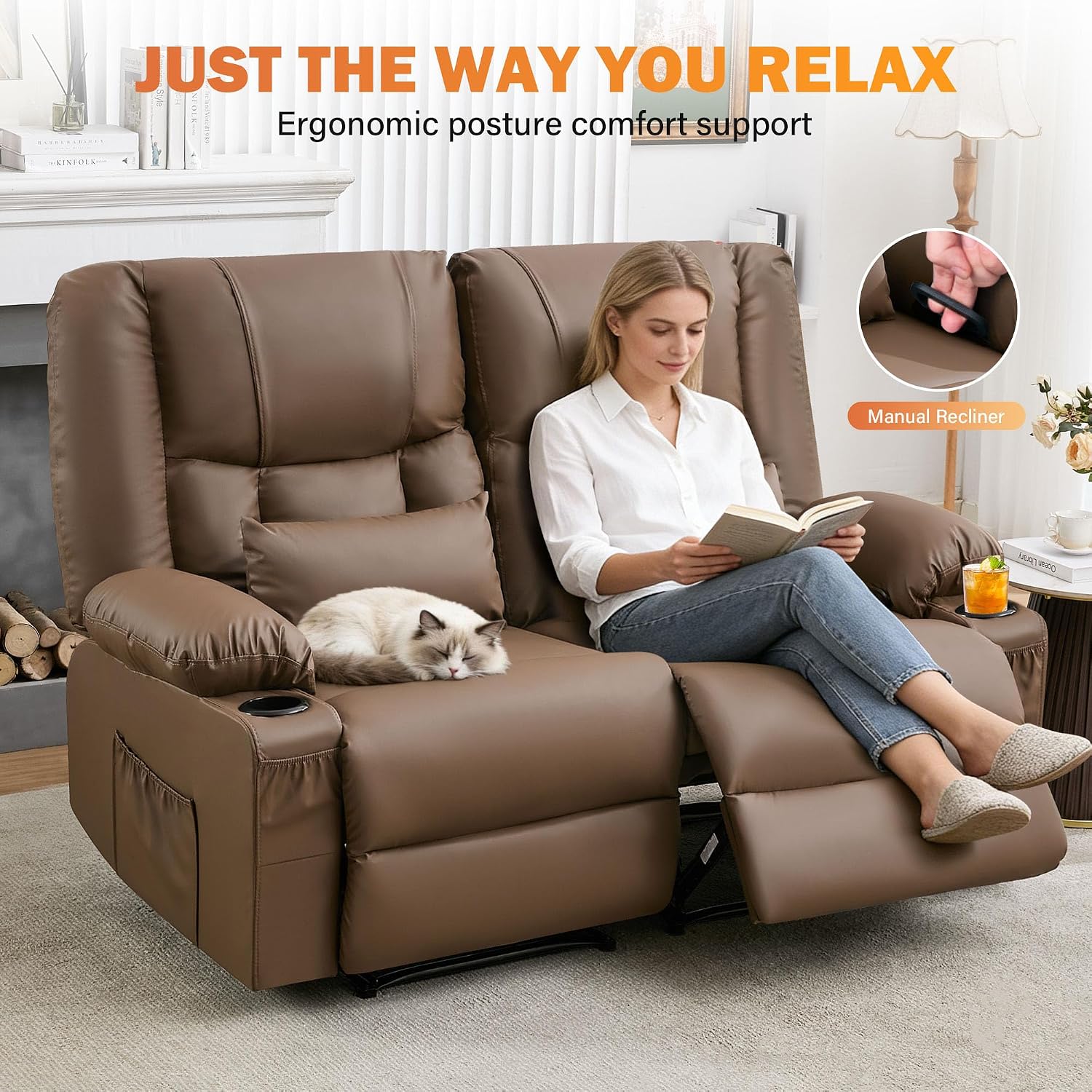 Brown Leather Loveseat Recliner with Massage/Heat, Oversized Recliner Couch & Reclining Loveseat with Cup Holders/Pillow, Manual Reclining Sofa For Living Room/Rv/Home Theater Seating (Brown)