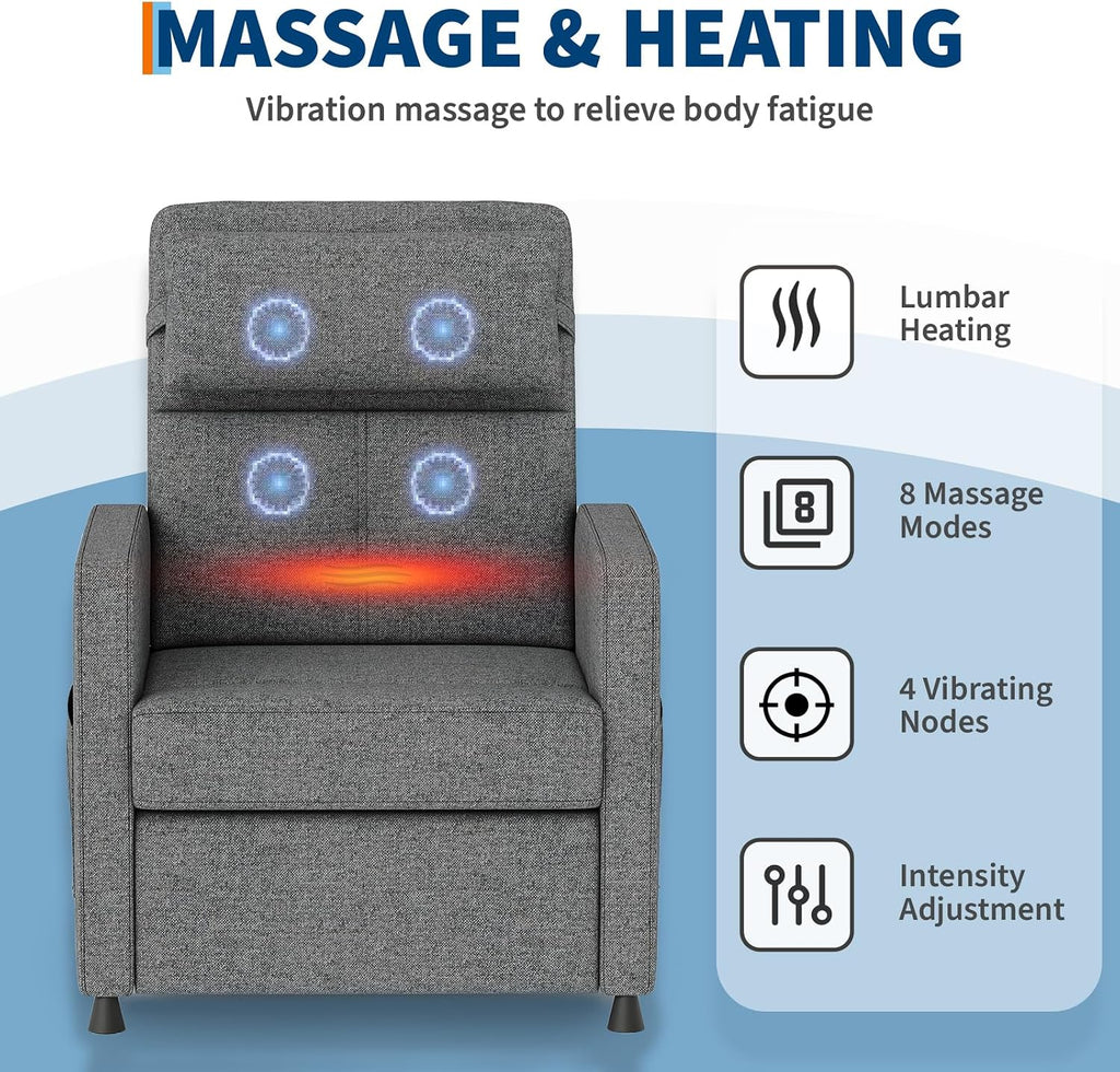 GarveeHome Electric Recliner Chair Living Room Chair Adjustable Power Recliner with Massage & Heat & Lumbar Support & Side Pockets & USB Port(Gray)