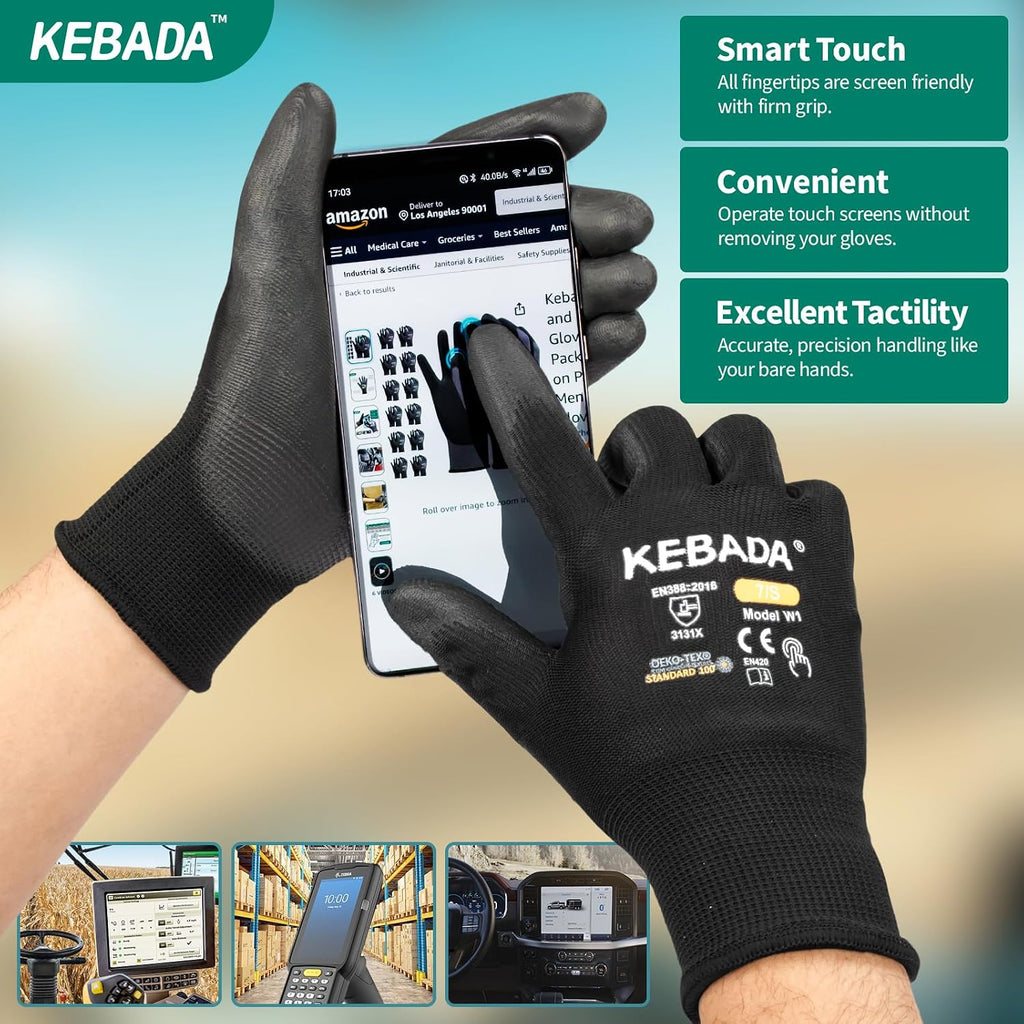 Kebada Safety Work Gloves,120 Pairs Bulk Pack, Touchscreen, PU Coated, Ideal for Warehouse, Construction, Gardening and Mechanics, Black, XX-Large