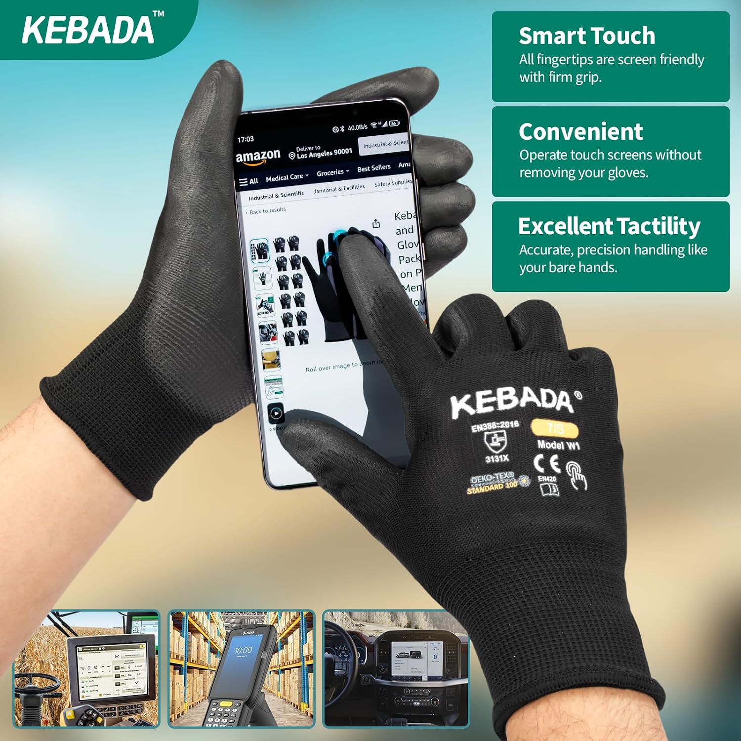 Kebada Safety Work Gloves,120 Pairs Bulk Pack, Touchscreen, PU Coated, Ideal for Warehouse, Construction, Gardening and Mechanics, Black, XX-Large