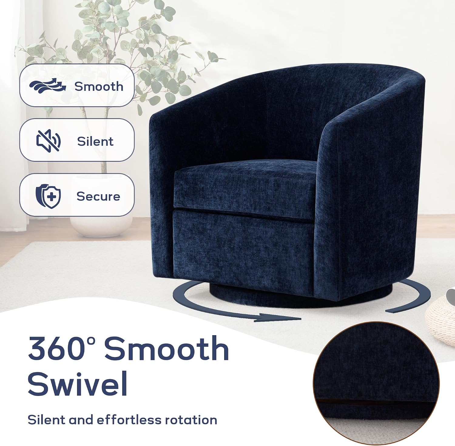 Zihanhome Chenille Swivel Accent Chairs Set of 2, No Assembly Upholstered Armchair, 360°Rotating Barrel Chairs for Living Room, Bedroom, Apartment & Reading Nook (2, Dark Blue)