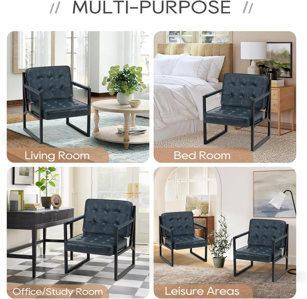 MALOL Accent Chairs Set of 2, Modern Accent Arm Chairs for Living Room, Comfy Leather Armchairs with Metal Legs for Bedroom Reception Room, Blue