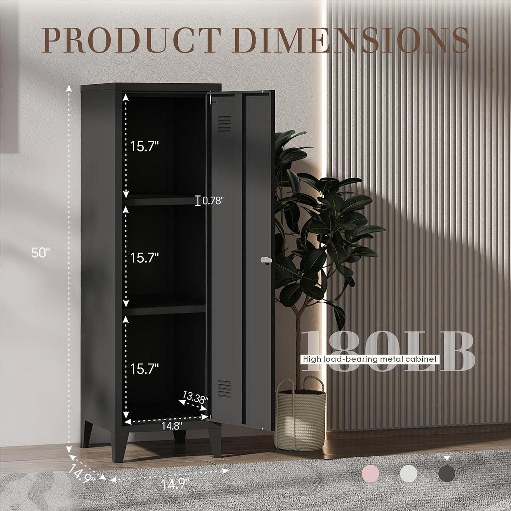 Locker Cabinet, 50' Black Small Metal Locker Storage Cabinet for Employees with Locking Door and 2 Shelves Kids Locker Tool File Cabinets for Bedroom, Home Office, Garage, Bathroom