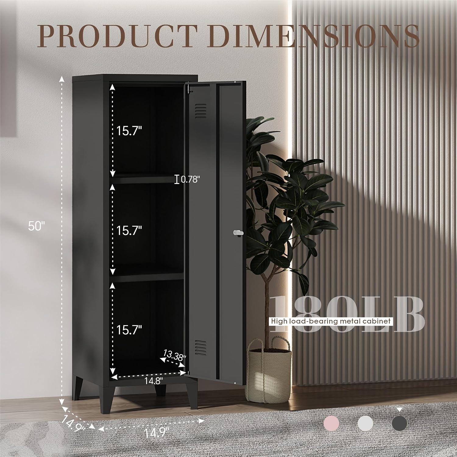 Locker Cabinet, 50' Black Small Metal Locker Storage Cabinet for Employees with Locking Door and 2 Shelves Kids Locker Tool File Cabinets for Bedroom, Home Office, Garage, Bathroom