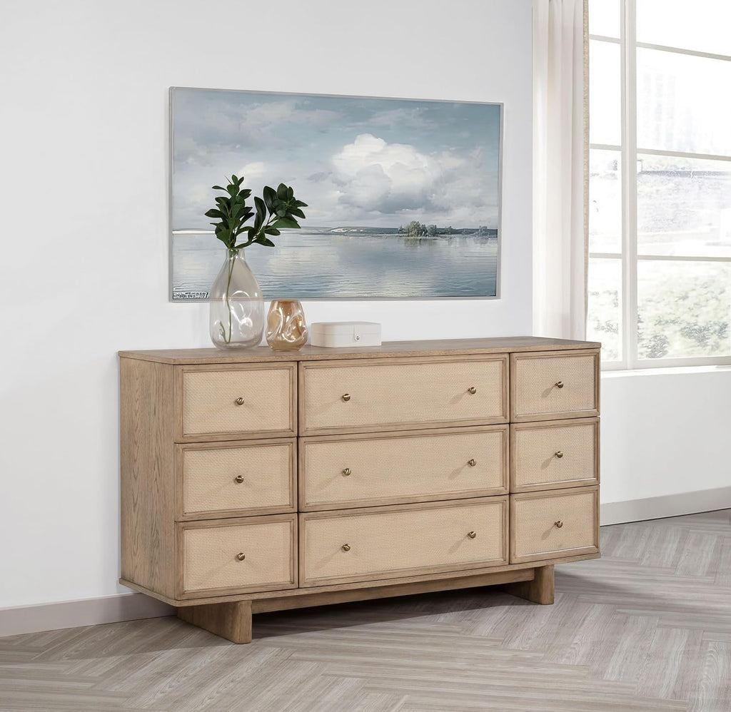 Coaster Home Furnishings - Kailani - Wood - 9-Drawer Dresser with Antique Brass Hardware, Metal Extension Glides, Coastal Style - Bedroom - Beige Oak - 225043