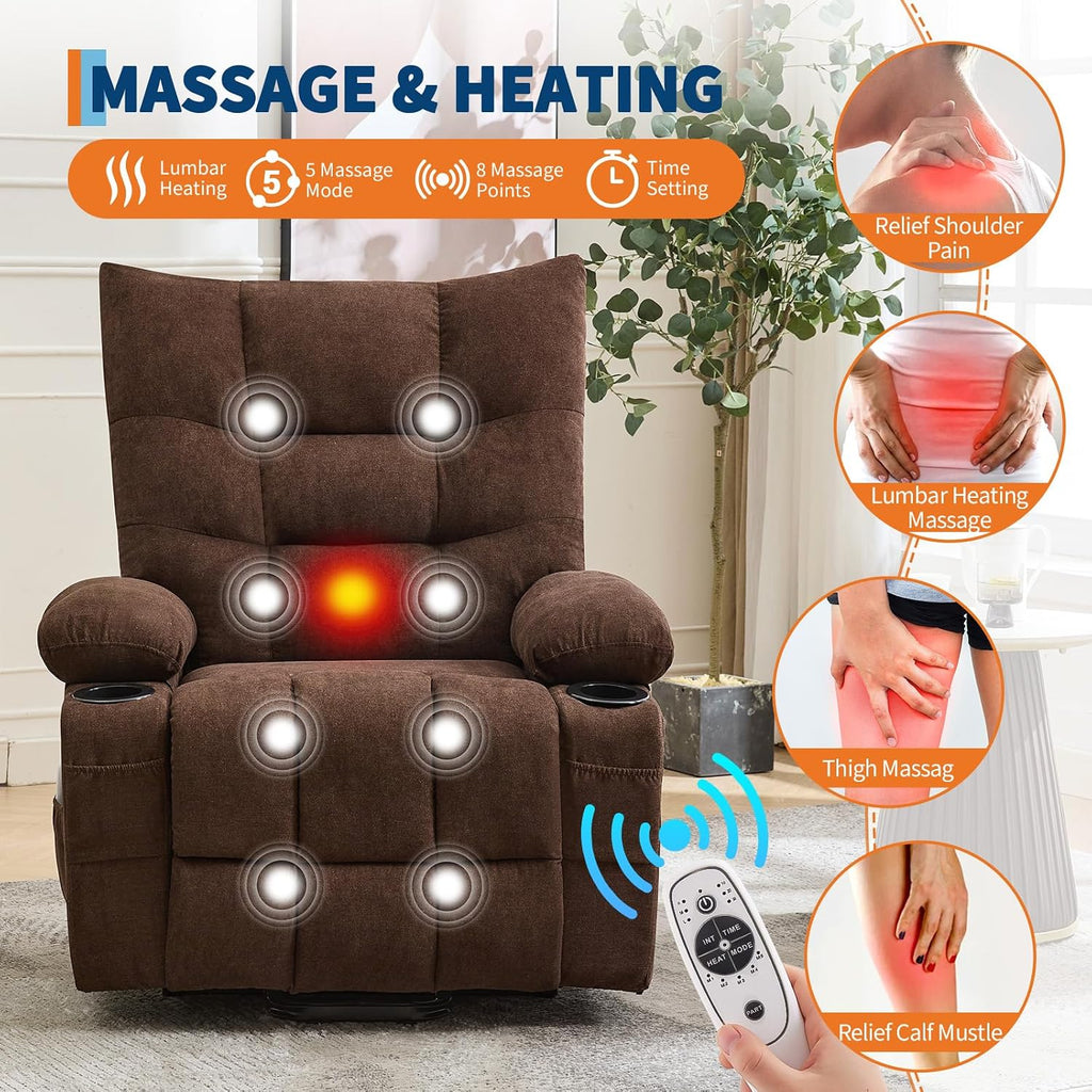 Power Lift Recliner Chair for Elderly - Electric Massage & Heat Recliner with 45° Assist Stand, Living Room Sofa for Small Space Furniture, Swivel Rocker with Cup Holders, Reclining Lounge for Adults