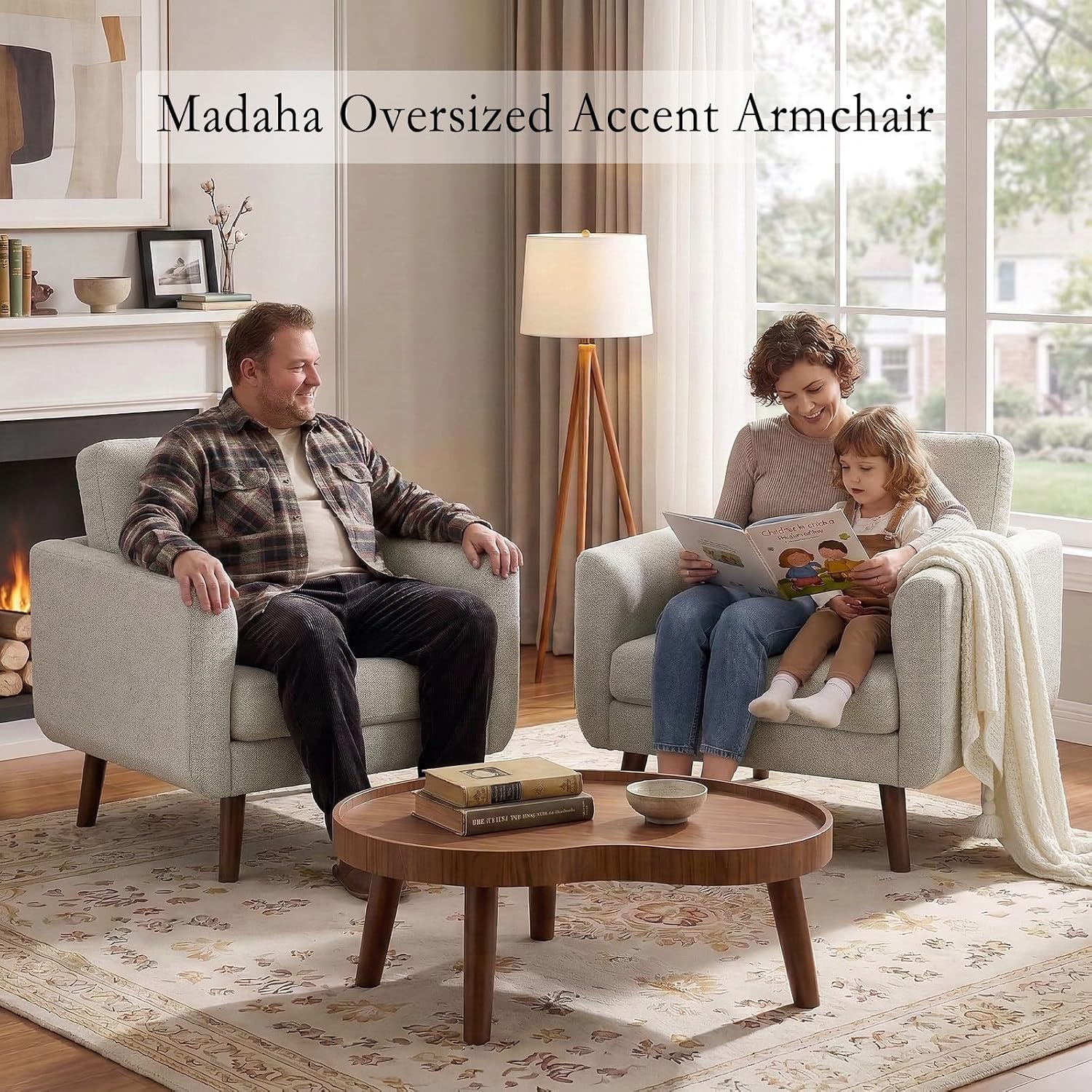 Oversized Accent Chair for Living Room, Mid-Century Modern Comfy Reading Chair, Linen Fabric Solid Wood Frame Armchair, Upholstered Oatmeal Living Room Accent Chairs for Adults