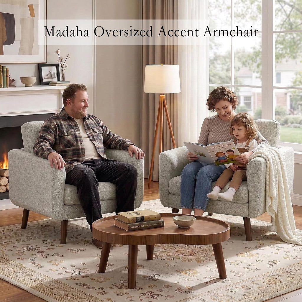 Oversized Accent Chair for Living Room, 37' Mid-Century Modern Comfy Reading Chair, Linen Fabric Solid Wood Frame Armchair, Upholstered Oatmeal Bedroom Accent Chairs Set of 2 for Adults