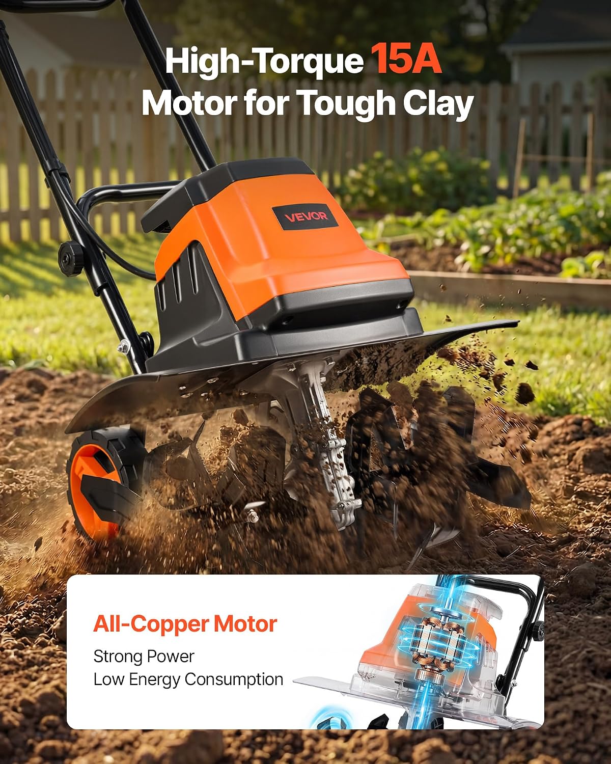 VEVOR Corded Electric Tiller, 18 Inch Tilling Width Garden Rototiller, 15-Amp Motor Heavy-Duty Tilling Machine, Cultivator with Steel Tines and Foldable Handle, for Lawn, Yard, and Gardening Care