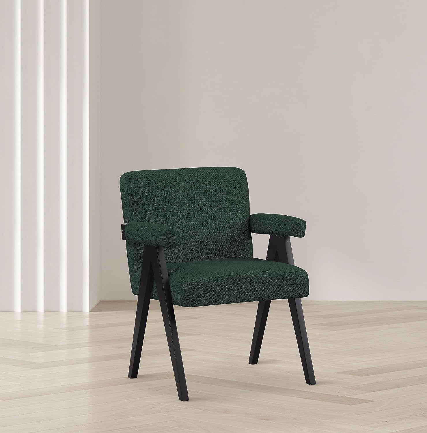 Meridian Furniture 481Green Woodloch Collection Mid-Century Modern Boucle Fabric Upholstered Accent Chair with Rich Green Boucle Fabric, Black Finish Solid Wood, 24.5' W x 23.5' D x 32' H, Green